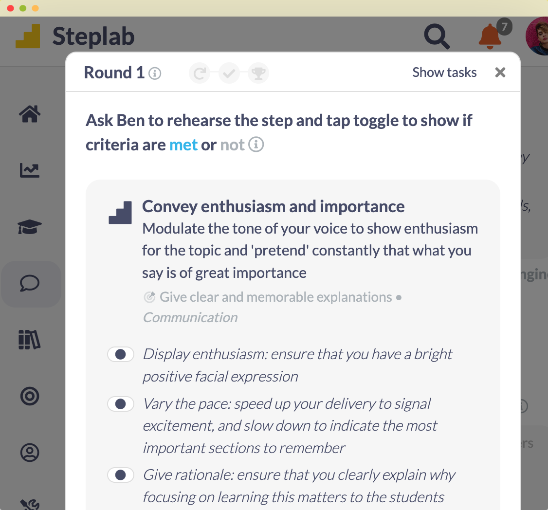 Steplab screenshot: Support for great quality coaching conversations
